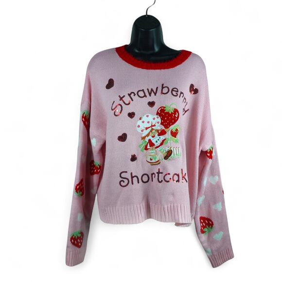 Strawberry Shortcake Knit Sweater Women’s Large L Retro Cartoon Y2K Hearts - Picture 3 of 9